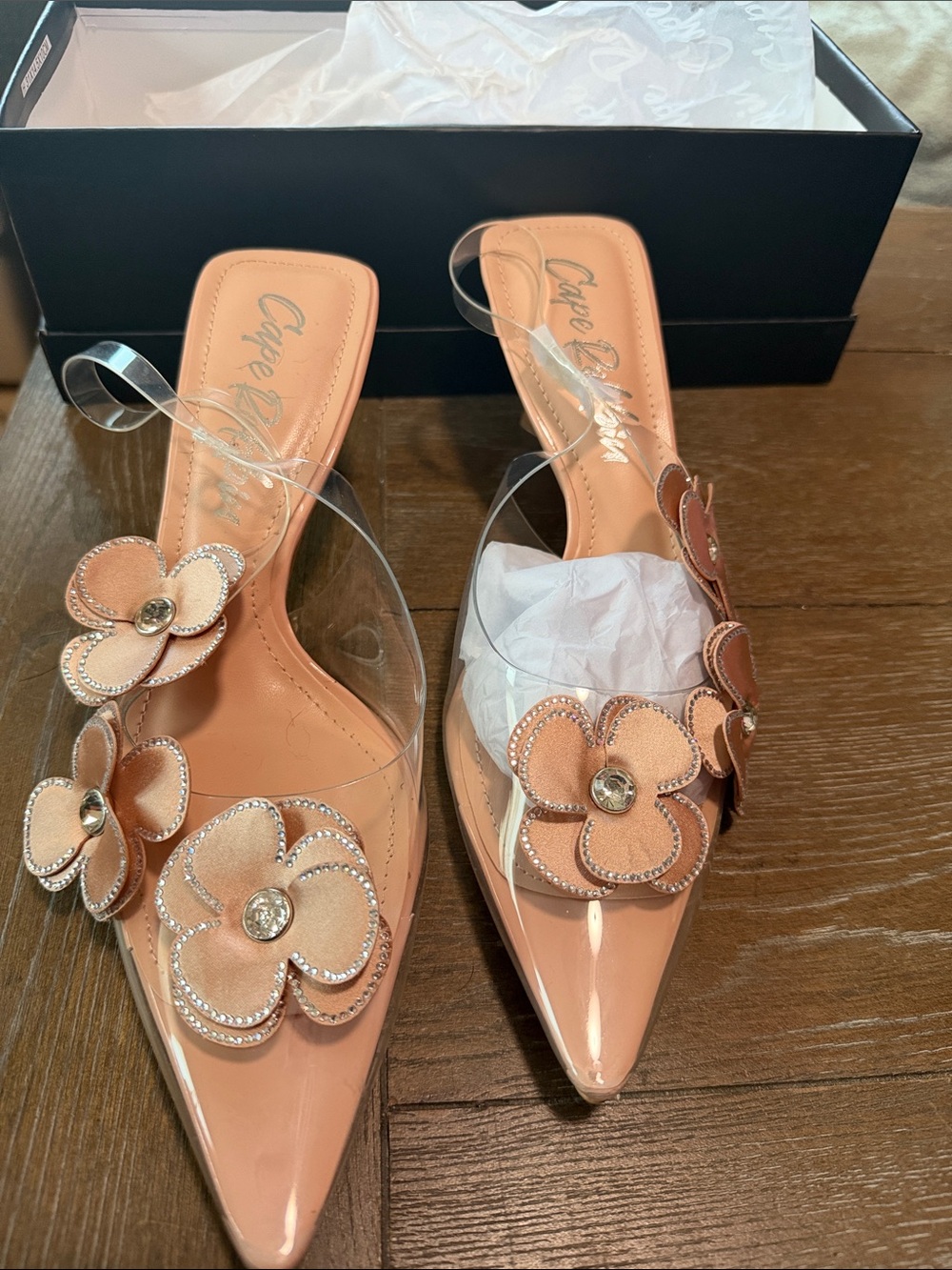 Cape Robbin Peach Floral Patent Pointed Mule with Clear Straps